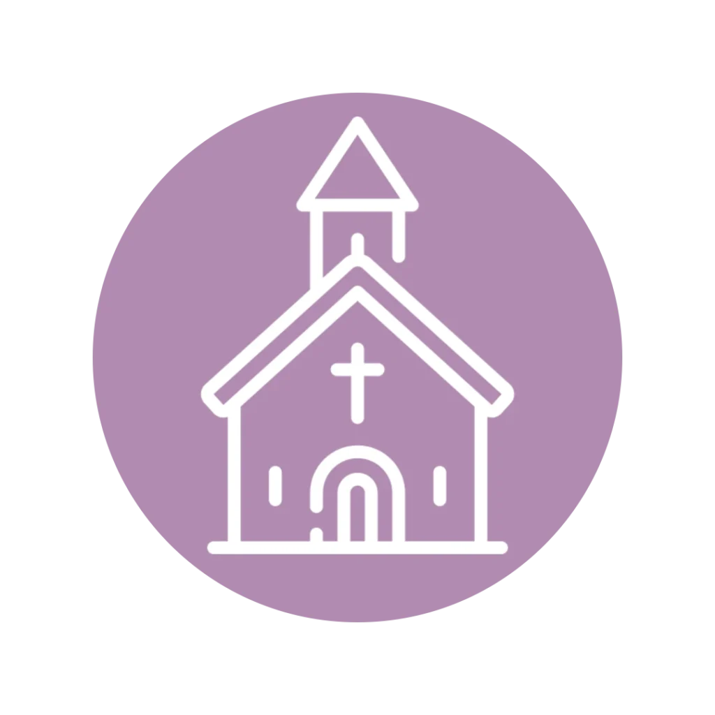 Das Bild zeigt in einem zart-violetten Kreis ein weißes Symbol für eine Kirche als Strichgrafik.