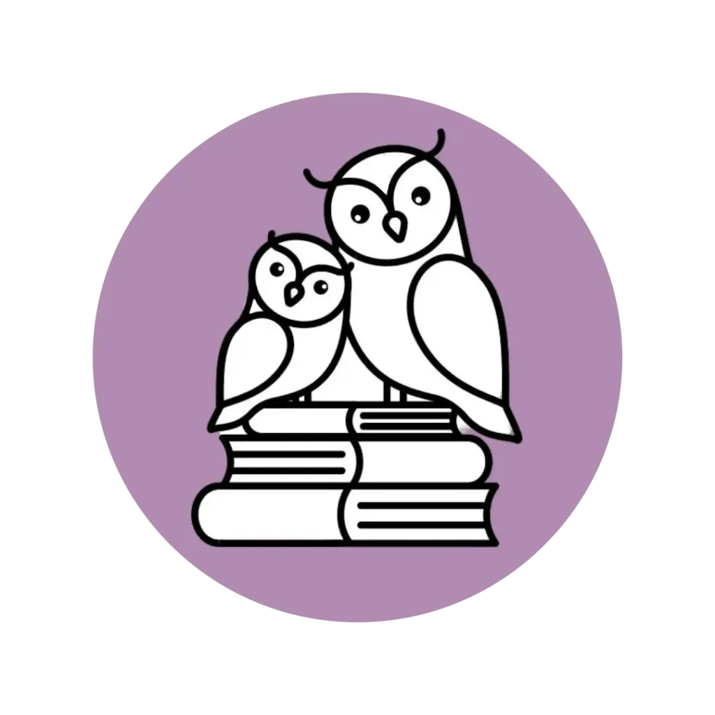 Das Bild zeigt in einem zart-violetten Kreis das Logo der BücherboxXen-Uhlenhorst. Zwei Eulen, die auf einem kleinen Bücherstapel sitzen.