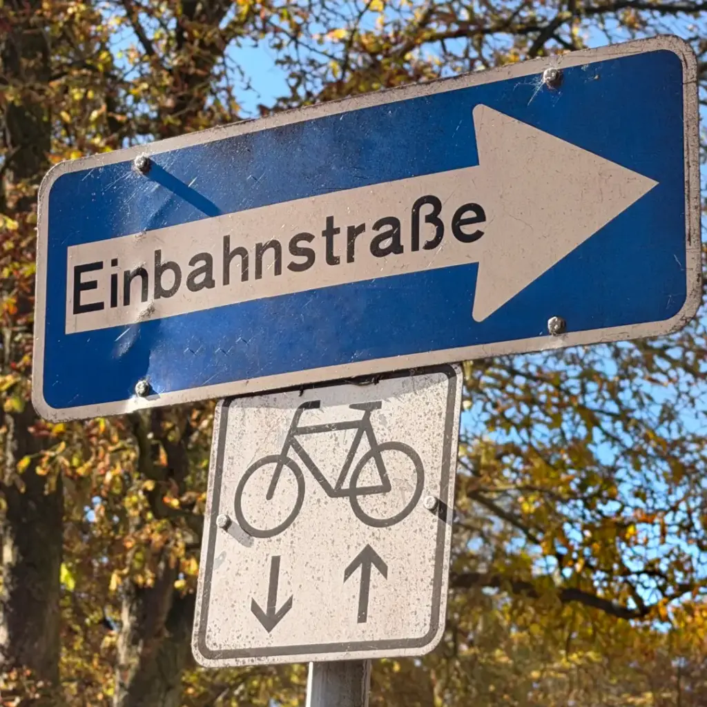 Das Bild zeigt ein Einbahnstraßenschild mit dem Zusatzschild Räder in beide Richtungen erlaubt. Im Hintergrund sind herbstliche Bäume sichtbar.